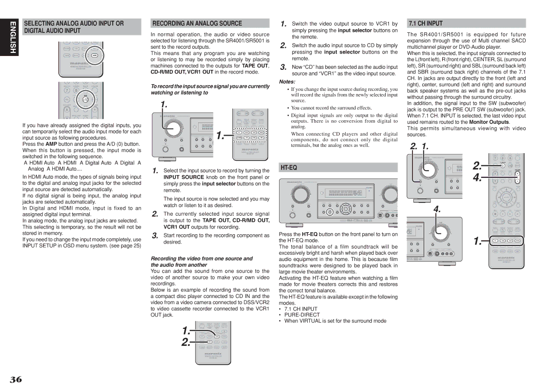 Marantz SR5001 manual Selecting Analog Audio Input or Digital Audio Input, Recording AN Analog Source, Ht-Eq, CH Input 