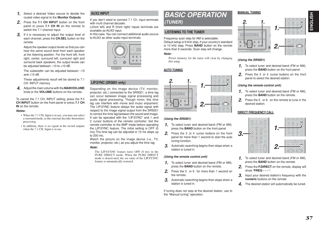 Marantz manual AUX2 Input, LIP.SYNC SR5001 only, Listening to the Tuner 