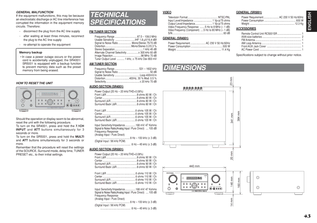 Marantz SR5001 manual Technical Specifications, Dimensions 