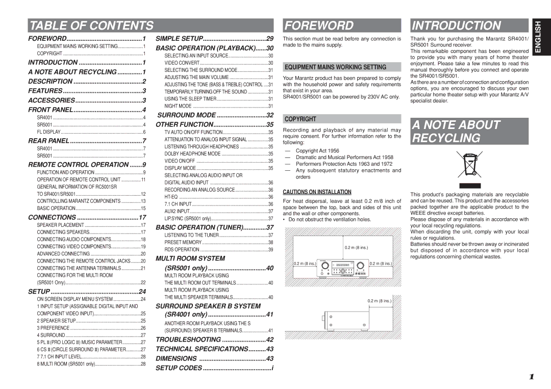 Marantz SR5001 manual Table of Contents Foreword Introduction, Recycling 