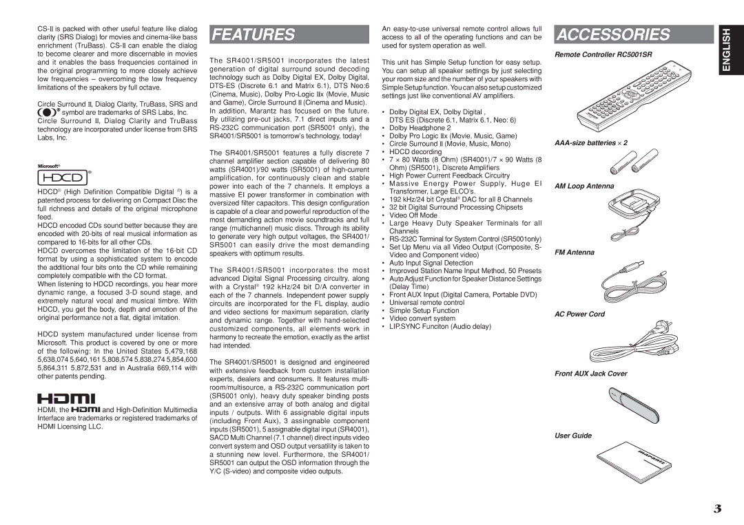 Marantz SR5001 manual Features, Accessories, Remote Controller RC5001SR, User Guide 