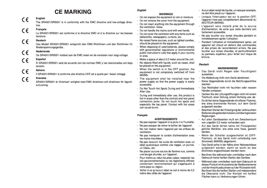 Marantz SR5001 manual Ce Marking, English WARNINGS, Français AVERTISSEMENTS, Deutsch WARNHINWEISE 