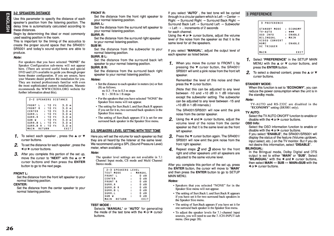 Marantz SR5001 manual English, Preference, 2-2SPEAKERS DISTANCE 