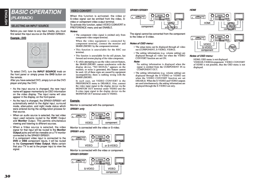 Marantz manual Basic Operation, Selecting An Input Source, Playback, Example DVD, SR5001 only, SR4001/SR5001, Hdmi 