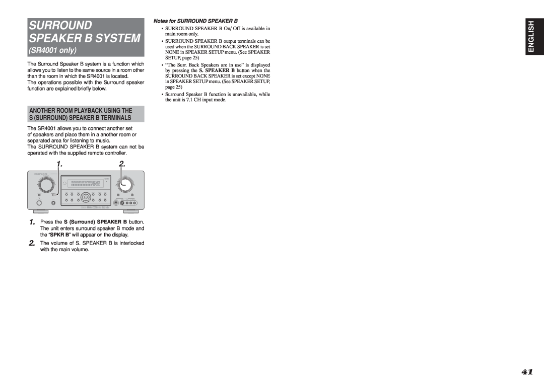 Marantz SR5001 manual SR4001 only, Surround Speaker B System, English, Notes for SURROUND SPEAKER B 