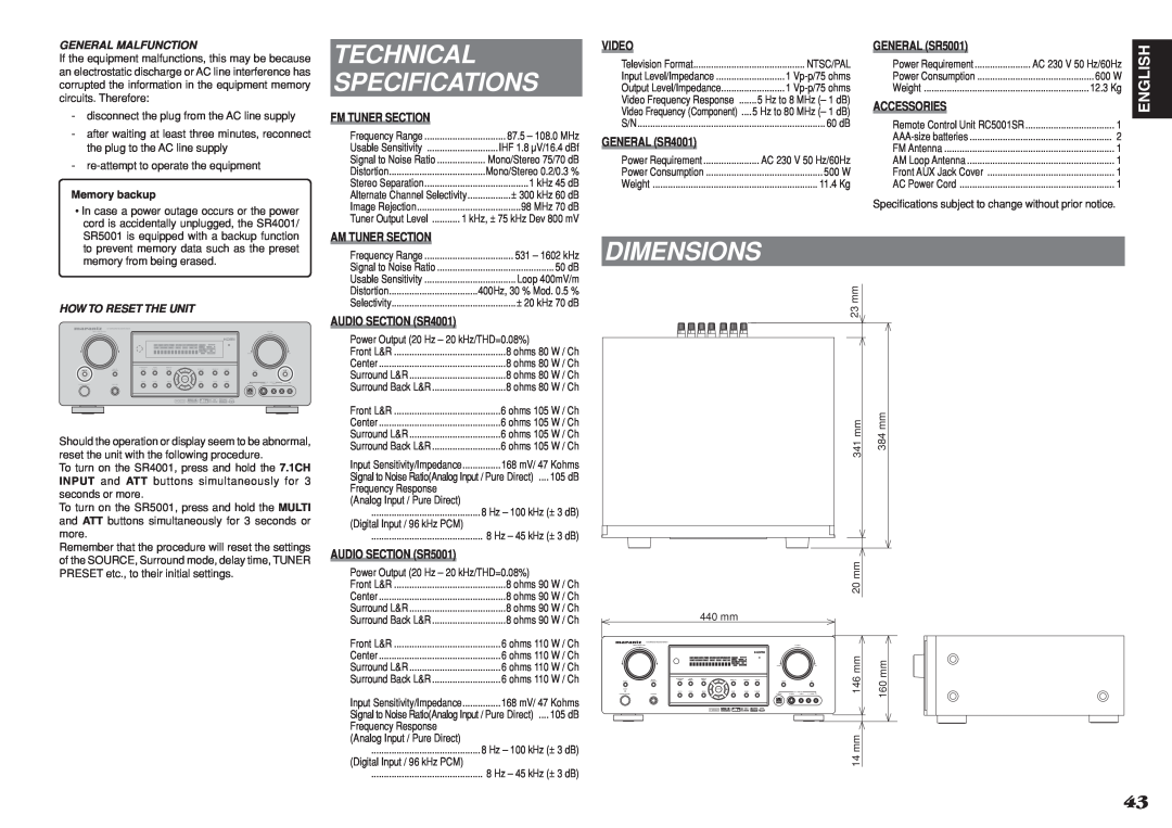 Marantz SR5001 Technical Specifications, Dimensions, English, Fm Tuner Section, Am Tuner Section, Video, GENERAL SR4001 
