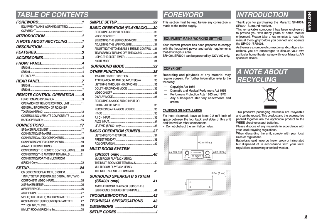 Marantz SR5001 manual Table Of Contents, Foreword, Introduction, A Note About Recycling, Multi Room System 