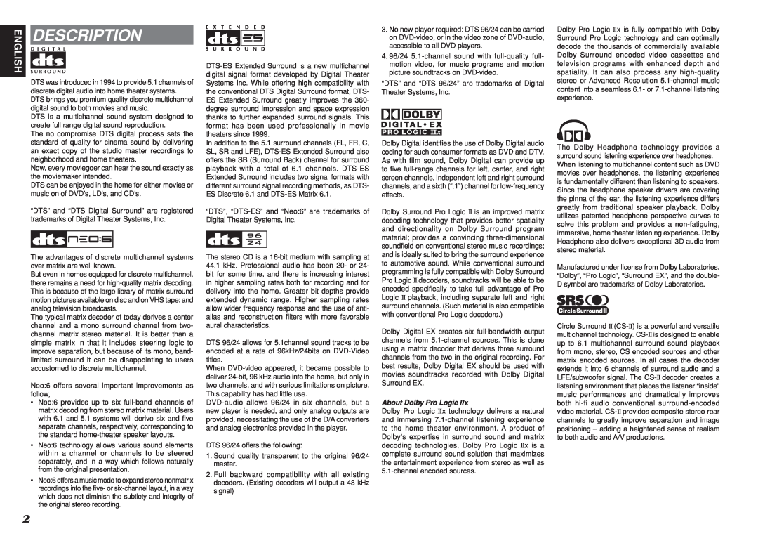 Marantz SR5001 manual Description, About Dolby Pro Logic 