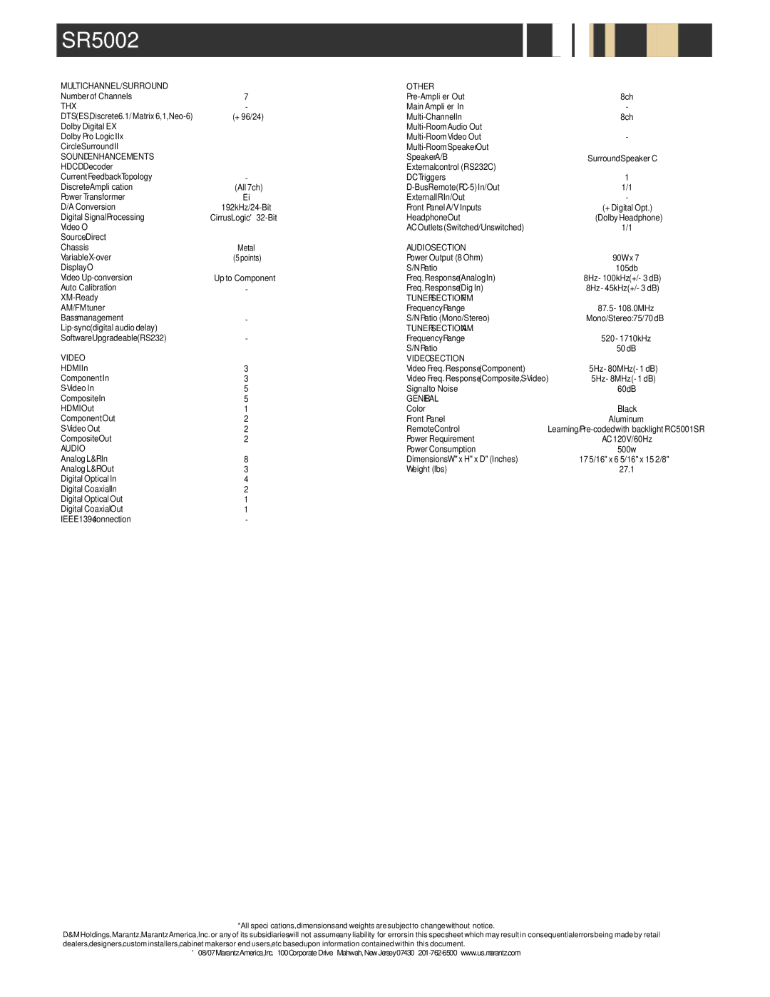 Marantz SR5002 warranty Features, In/Outputs, Specifications 