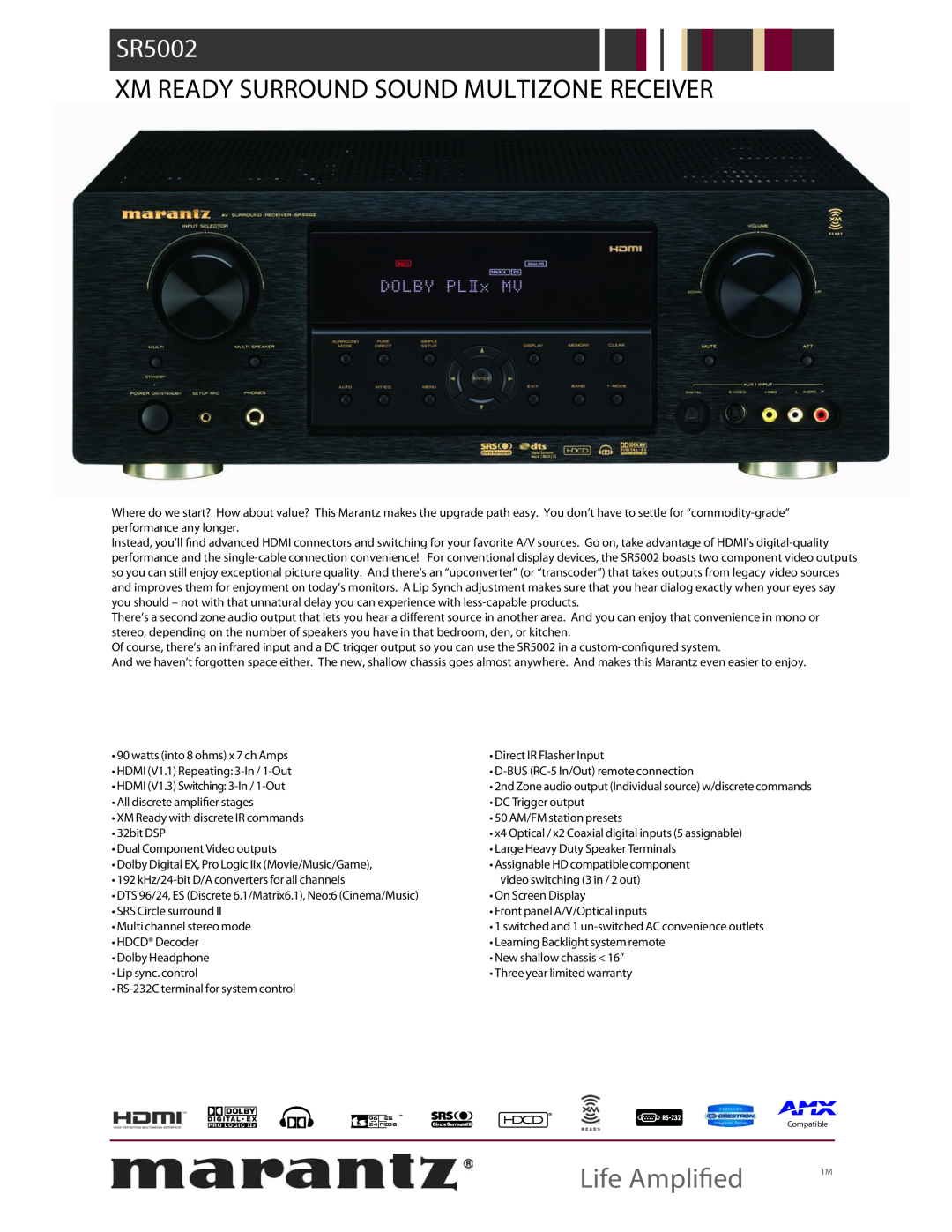 Marantz SR5002 warranty Life Amplied, Xm Ready Surround Sound Multizone Receiver 