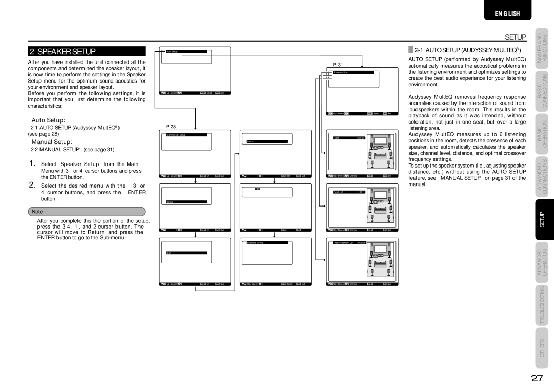 Marantz SR6004, SR5004 manual Speaker Setup, Auto Setup Audyssey Multeq, Manual Setup, Auto Setup Audyssey MultEQ see 