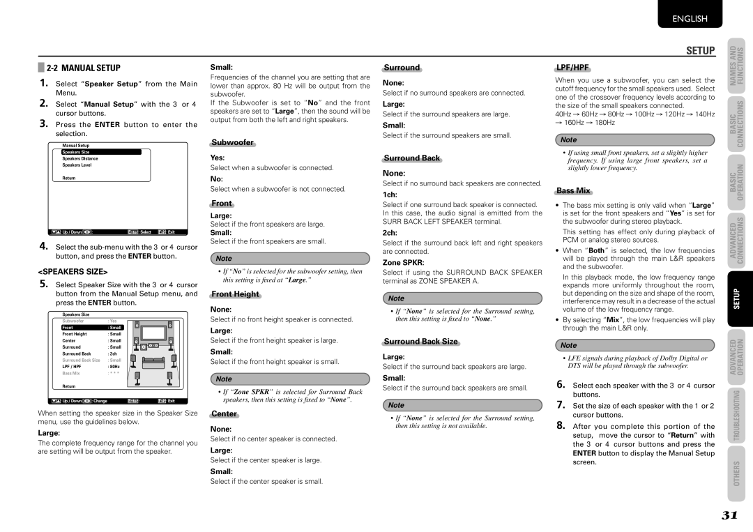 Marantz SR6004, SR5004 manual Manual Setup, Speakers Size, Lpf/Hpf 