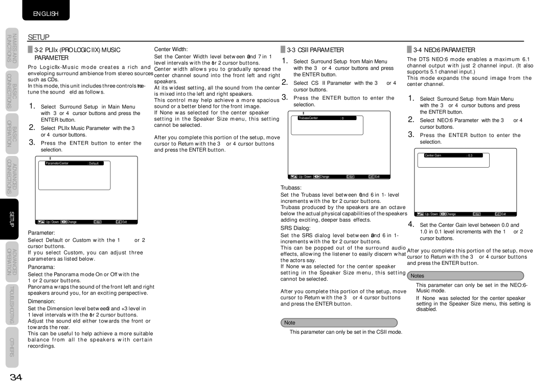 Marantz SR5004, SR6004 manual PLIIx PRO Logic IIX Music Parameter, Csii Parameter, NEO6 Parameter 