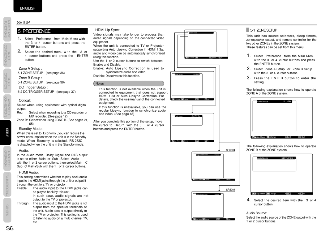 Marantz SR5004, SR6004 manual Preference, Zone Setup 