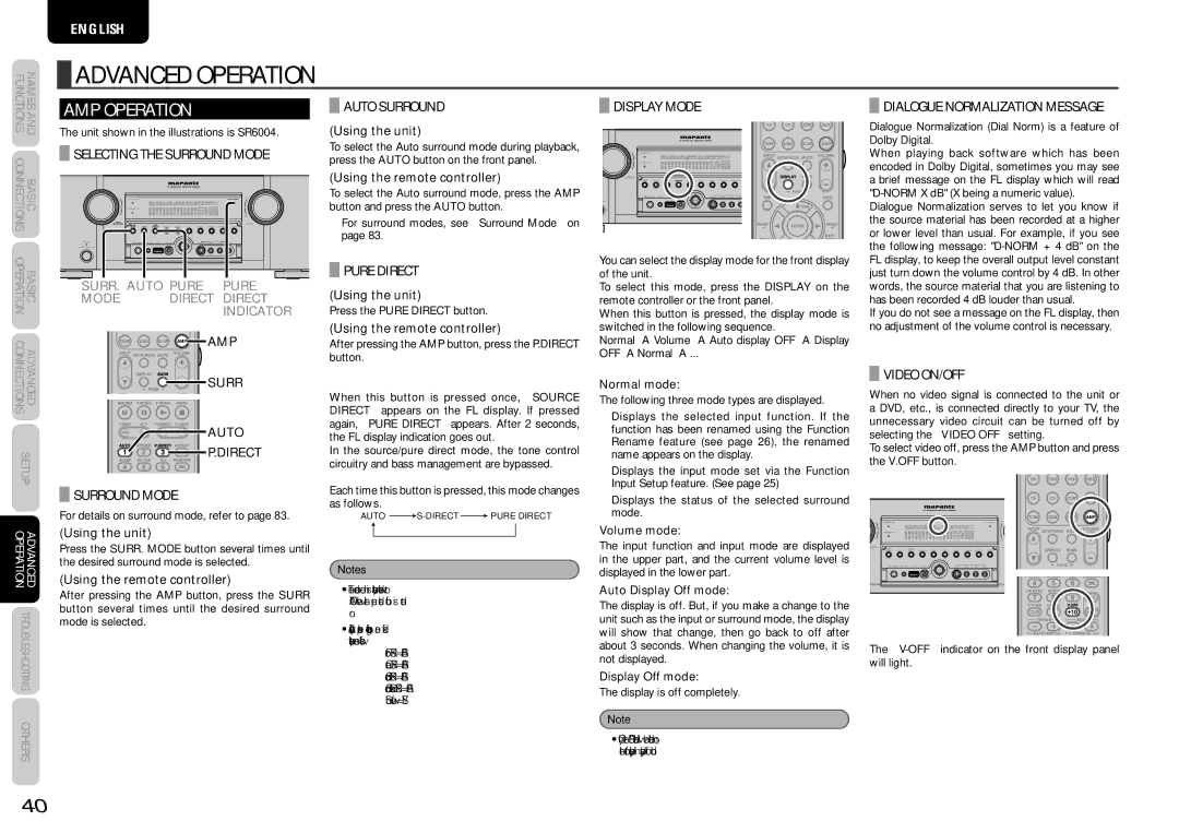 Marantz SR5004 manual Selecting the Surround Mode, Auto Surround, Pure Direct, Display Mode, Dialogue Normalization Message 