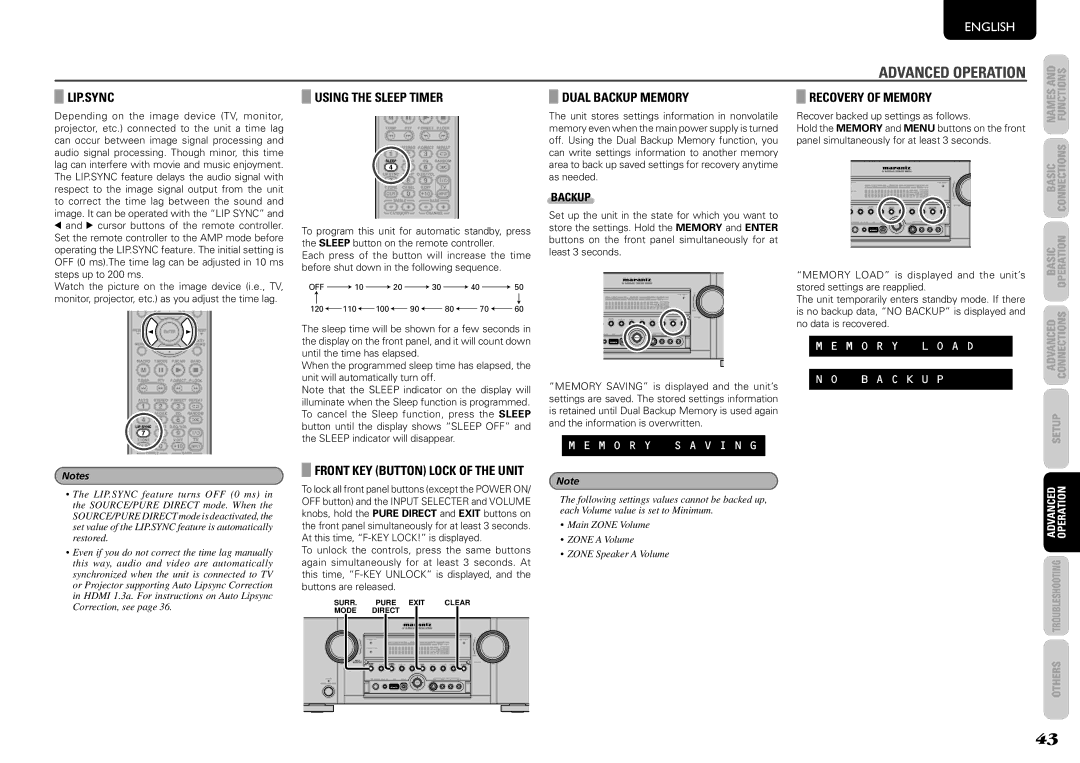 Marantz SR6004, SR5004 manual Lip.Sync, Using the Sleep Timer, Dual Backup Memory, Recovery of Memory 