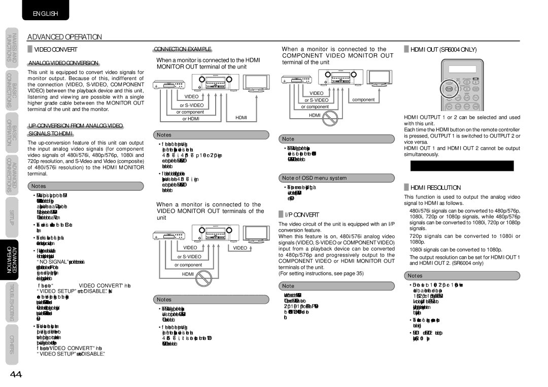 Marantz SR5004 manual Video Convert, Hdmi OUT SR6004 only, Hdmi Resolution 