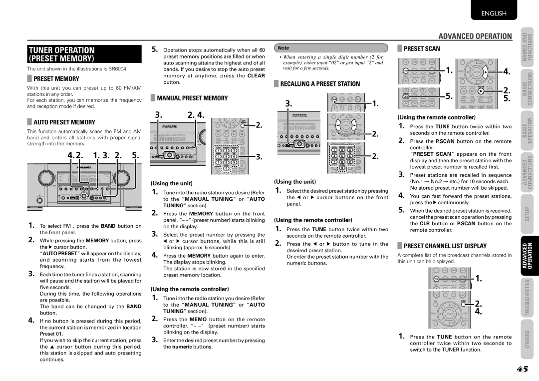 Marantz SR6004, SR5004 manual Tuner Operation Preset Memory 