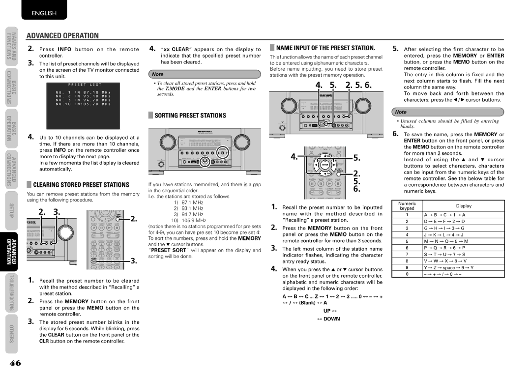 Marantz SR5004, SR6004 Sorting Preset Stations, Clearing Stored Preset Stations, Name Input of the Preset Station, ↔ Down 