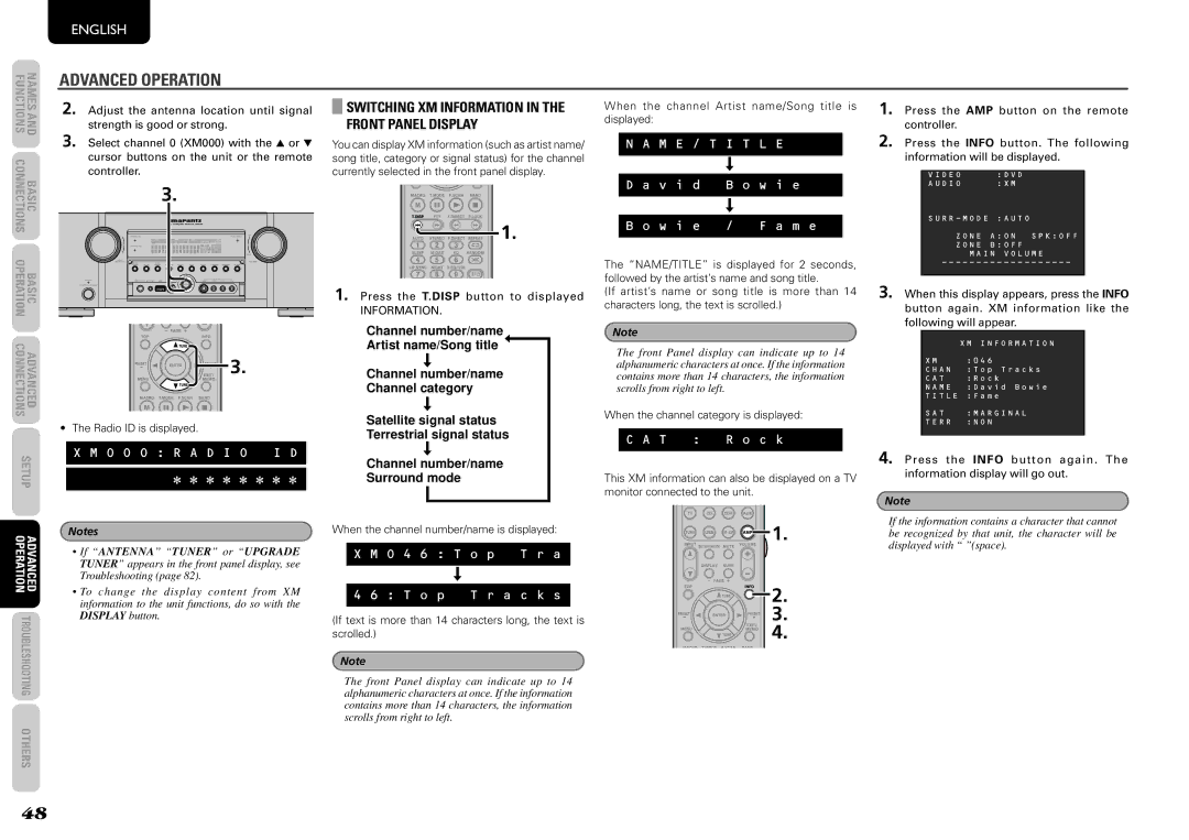 Marantz SR5004 Switching XM Information in the Front Panel Display, O O O R a D I O I D, O 4 6 T o p T r a O p T r a c k s 