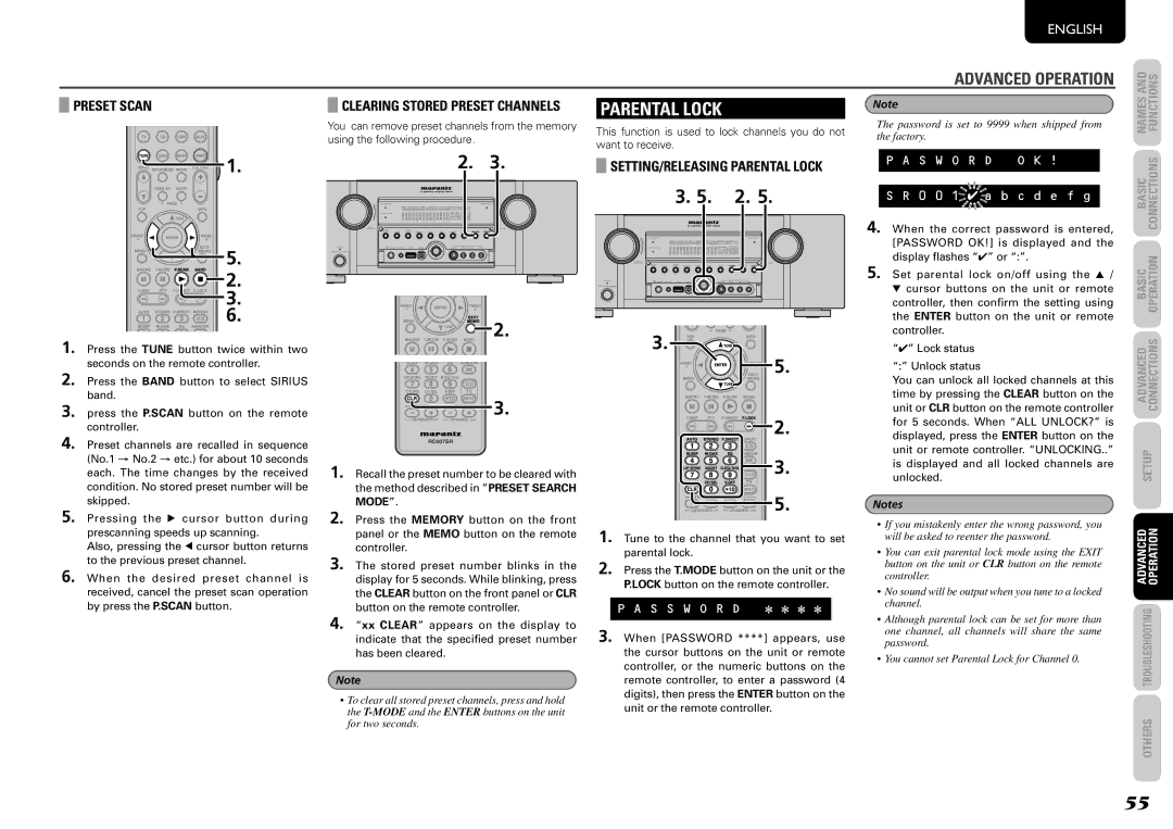 Marantz SR6004, SR5004 manual SETTING/RELEASING Parental Lock, S W O R D O K 0 0 1 7a b c d e f g 