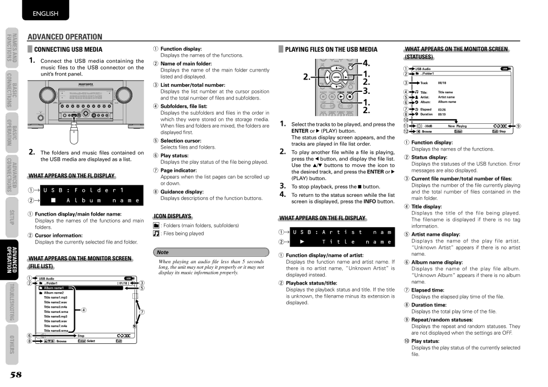 Marantz SR5004, SR6004 Connecting USB Media, Playing Files on the USB Media, What Appears on the Monitor Screen File List 