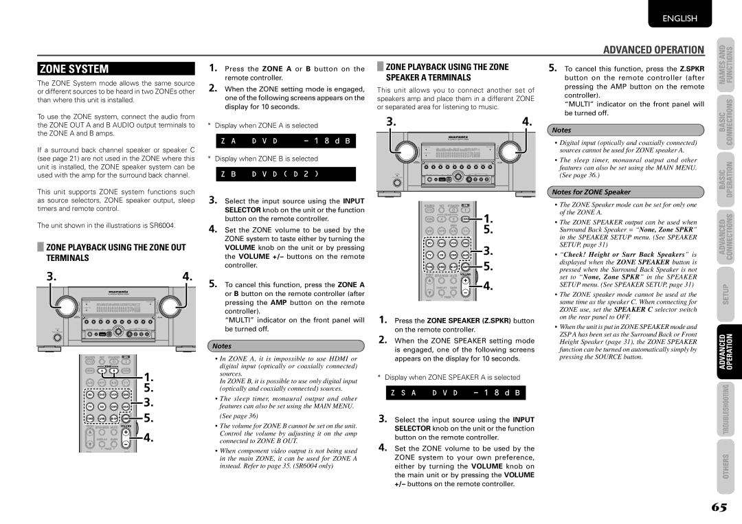 Marantz SR6004 Zone System, Zone Playback Using the Zone OUT Terminals, Zone Playback Using the Zone Speaker a Terminals 