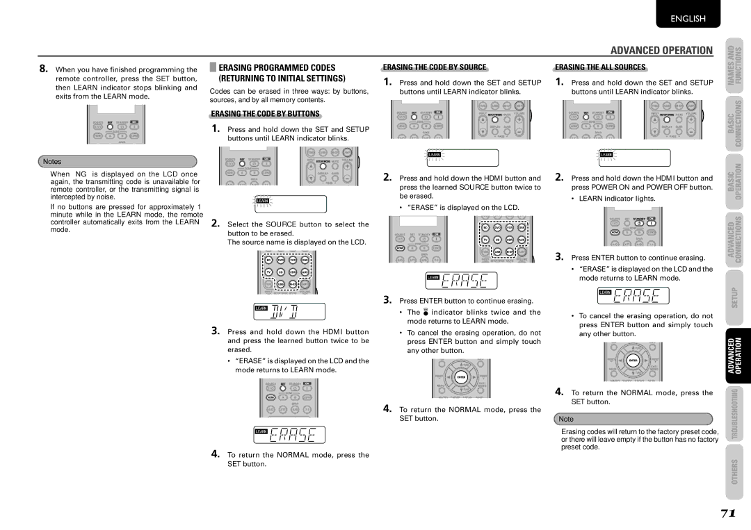 Marantz SR6004, SR5004 manual Erasing Programmed Codes, Returning to Initial Settings, Erasing the Code by Source 