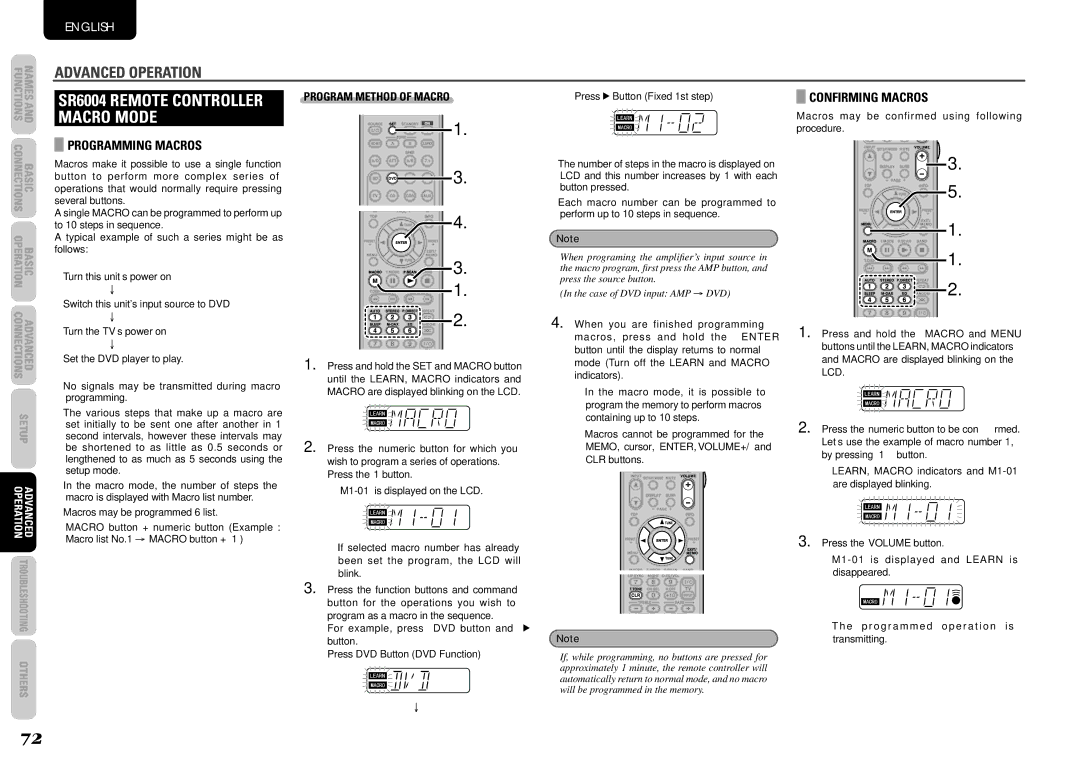 Marantz SR5004 manual SR6004 Remote Controller Macro Mode, Programming Macros, Confirming Macros, Program Method of Macro 