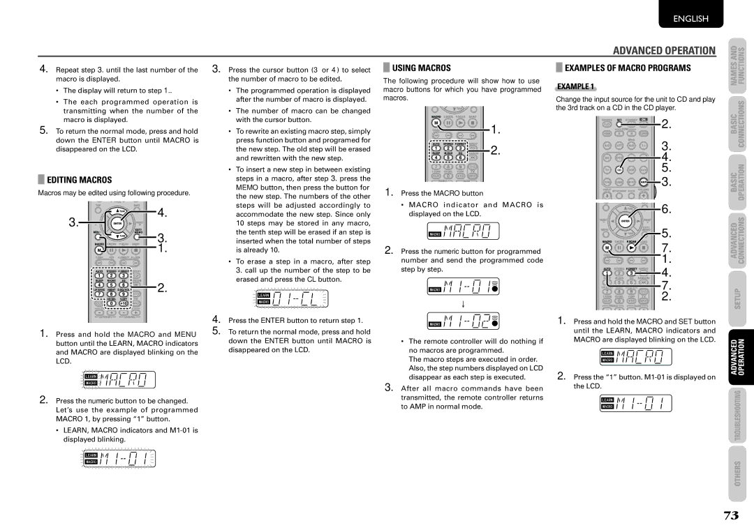Marantz SR6004, SR5004 manual Editing Macros, Using Macros, Examples of Macro Programs, Lcd 