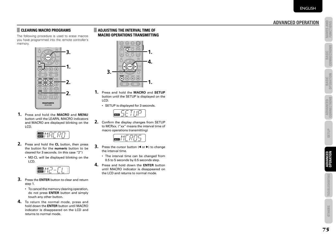 Marantz SR6004, SR5004 manual Clearing Macro Programs, Adjusting the Interval Time of Macro Operations Transmitting 