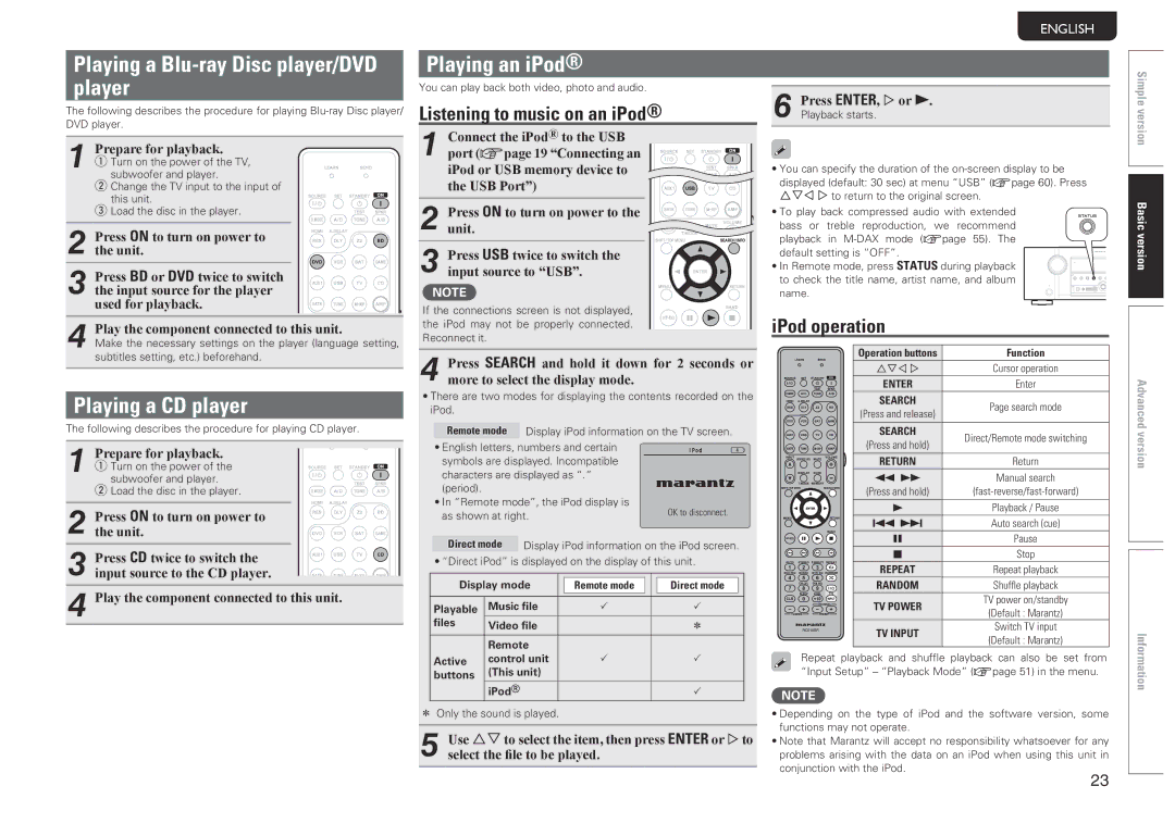 Marantz SR5005 manual Playing a Blu-ray Disc player/DVD player, Playing a CD player, Playing an iPod, IPod operation 