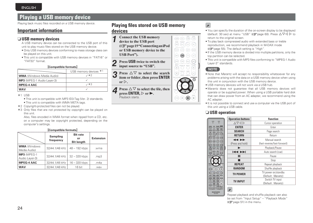 Marantz SR5005 manual Playing a USB memory device, Important information, Playing files stored on USB memory devices 