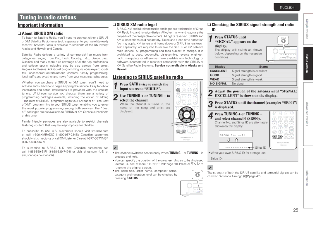 Marantz SR5005 manual Tuning in radio stations, Listening to Sirius satellite radio, NnAbout Sirius XM radio 