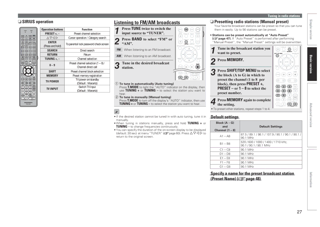 Marantz SR5005 manual Listening to FM/AM broadcasts, NnSIRIUS operation, NnPresetting radio stations Manual preset 