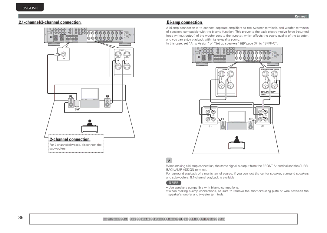 Marantz SR5005 manual Channel/2-channel connection, Channel connection, Bi-amp connection, Flfr 