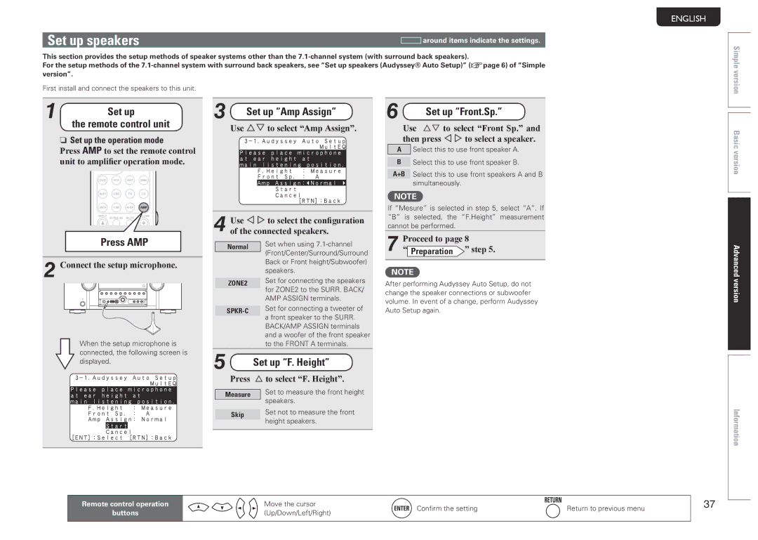 Marantz SR5005 manual Set up speakers, Set up Amp Assign, Set up F. Height, Set up Front.Sp 