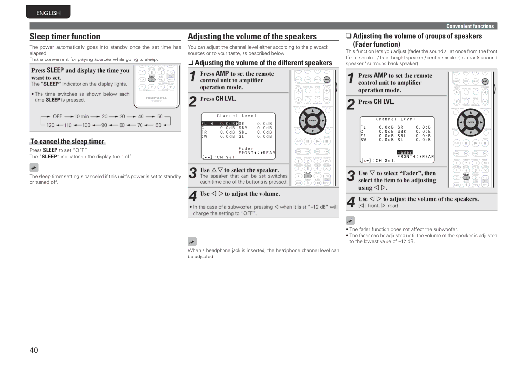 Marantz SR5005 manual Sleep timer function, Adjusting the volume of the speakers, To cancel the sleep timer 