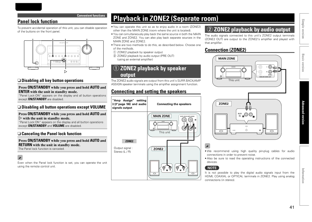 Marantz SR5005 manual Playback in ZONE2 Separate room, ZONE2 playback by audio output, ZONE2 playback by speaker output 