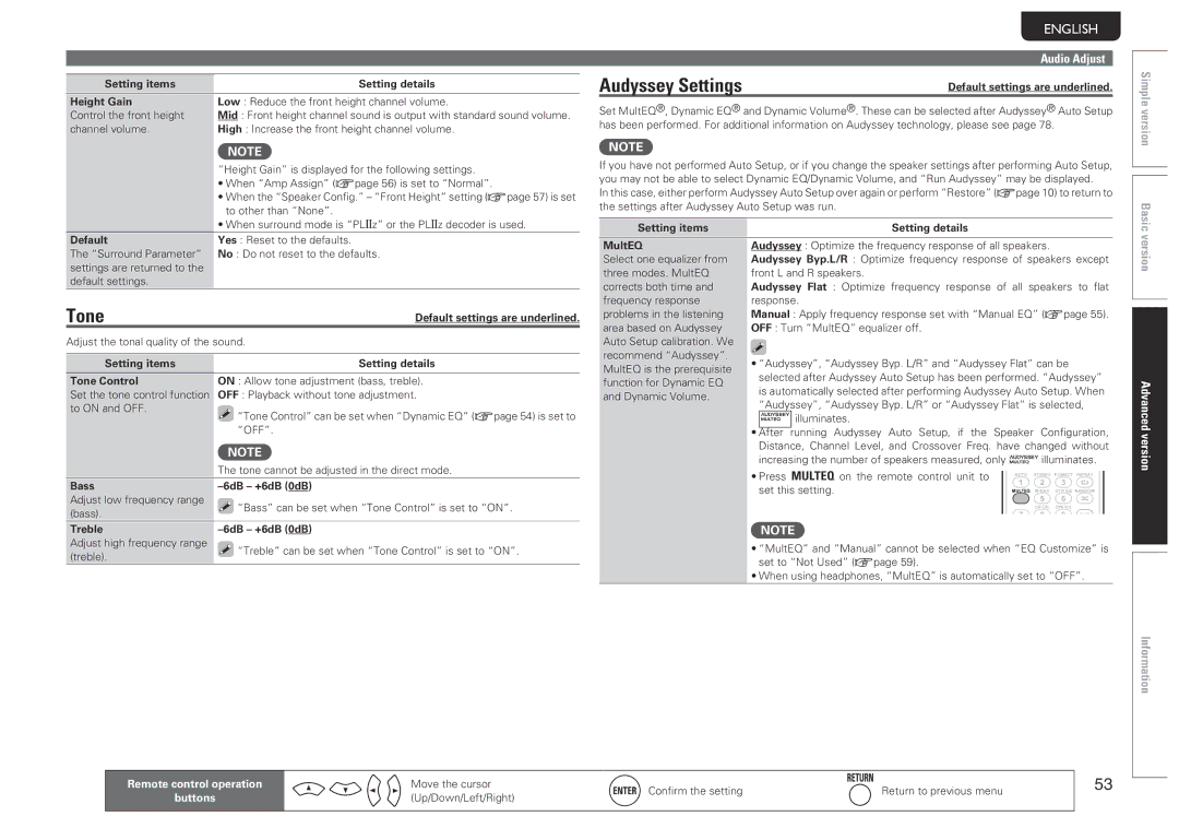 Marantz SR5005 manual Tone, Setting items Setting details Height Gain, Setting items Setting details MultEQ 