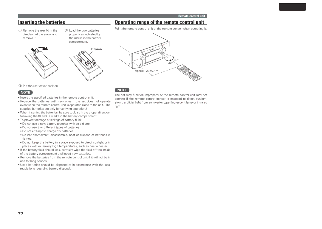 Marantz SR5005 manual Inserting the batteries, Operating range of the remote control unit 