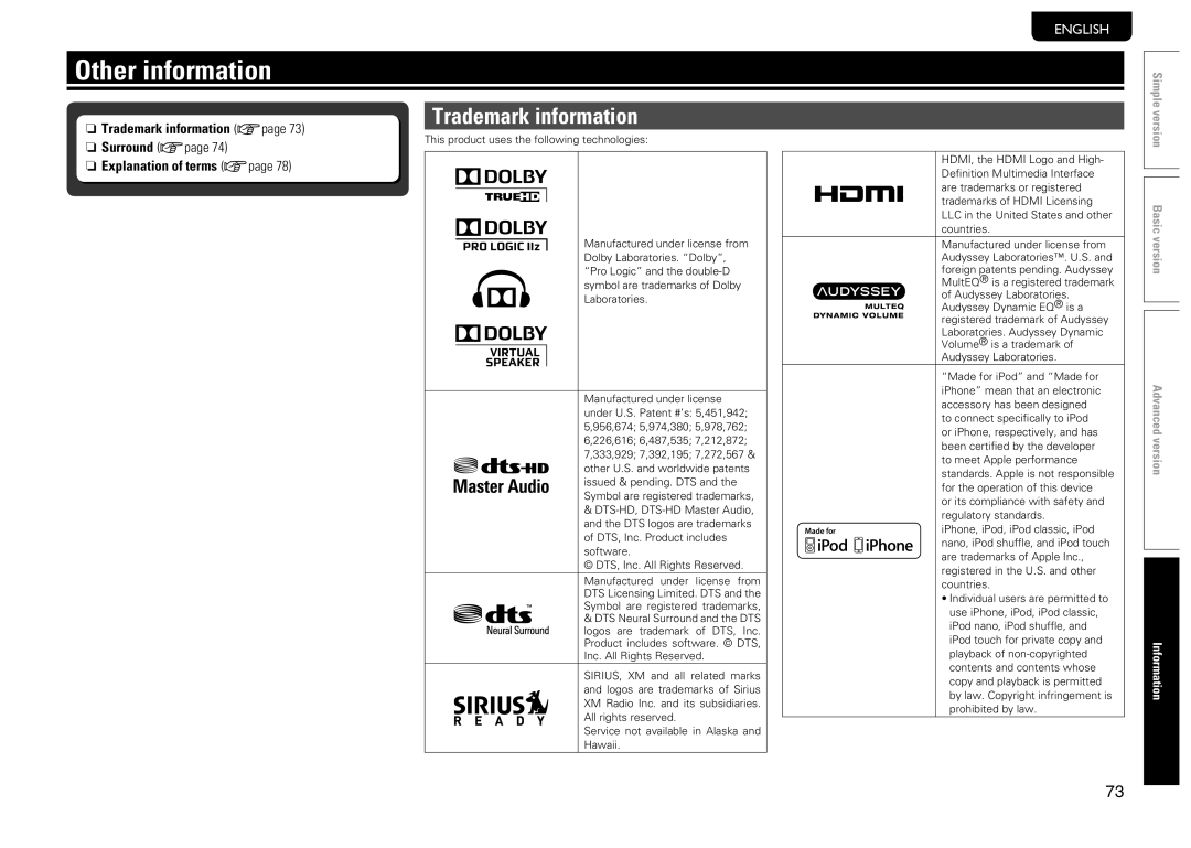 Marantz SR5005 manual Other information, Trademark information 