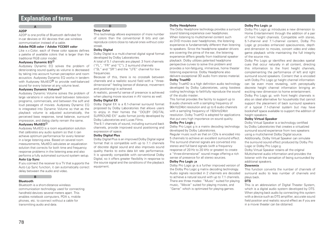 Marantz SR5005 manual Explanation of terms, A2DP, Dts 