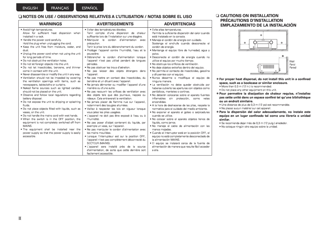 Marantz SR5005 manual Warnings, Avertissements, Advertencias, n CAUTIONS ON INSTALLATION, English Français Español 