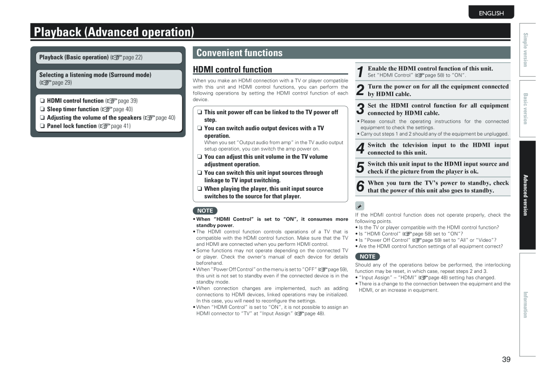 Marantz SR5005 manual Playback Advanced operation, Convenient functions, Svenska, Nederlands, Español, Italiano, Français 