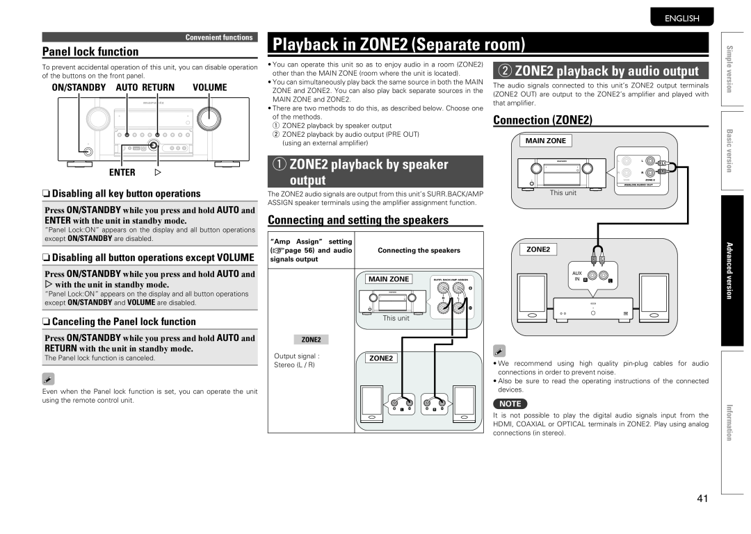 Marantz SR5005 manual Playback in ZONE2 Separate room, w ZONE2 playback by audio output, q ZONE2 playback by speaker output 