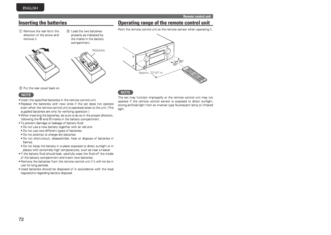 Marantz SR5005 manual Inserting the batteries, Operating range of the remote control unit, English, Remote control unit 
