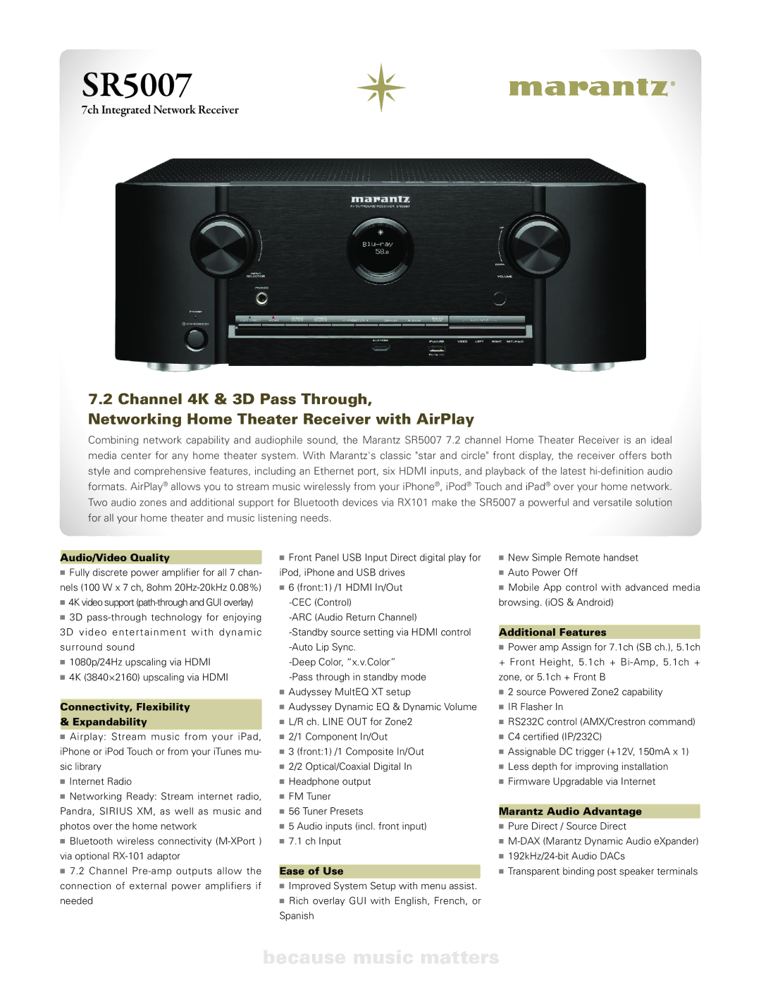 Marantz SR5007 manual Audio/Video Quality, Connectivity, Flexibility Expandability, Ease of Use, Additional Features 