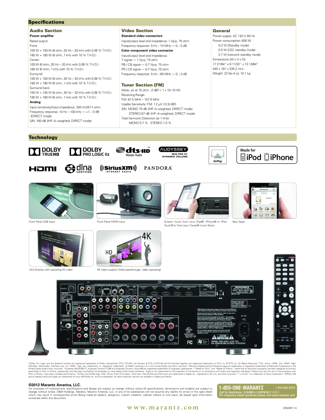 Marantz SR5007 manual Specifications, Technology 