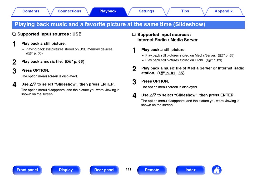 Marantz SR5009 owner manual Play back a still picture, Use ui to select Slideshow, then press Enter 